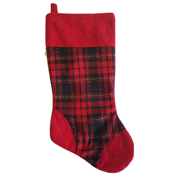 unknown Other - Classic Plaid Christmas Stocking Red W/ Corduroy Detail Festive Country Decor